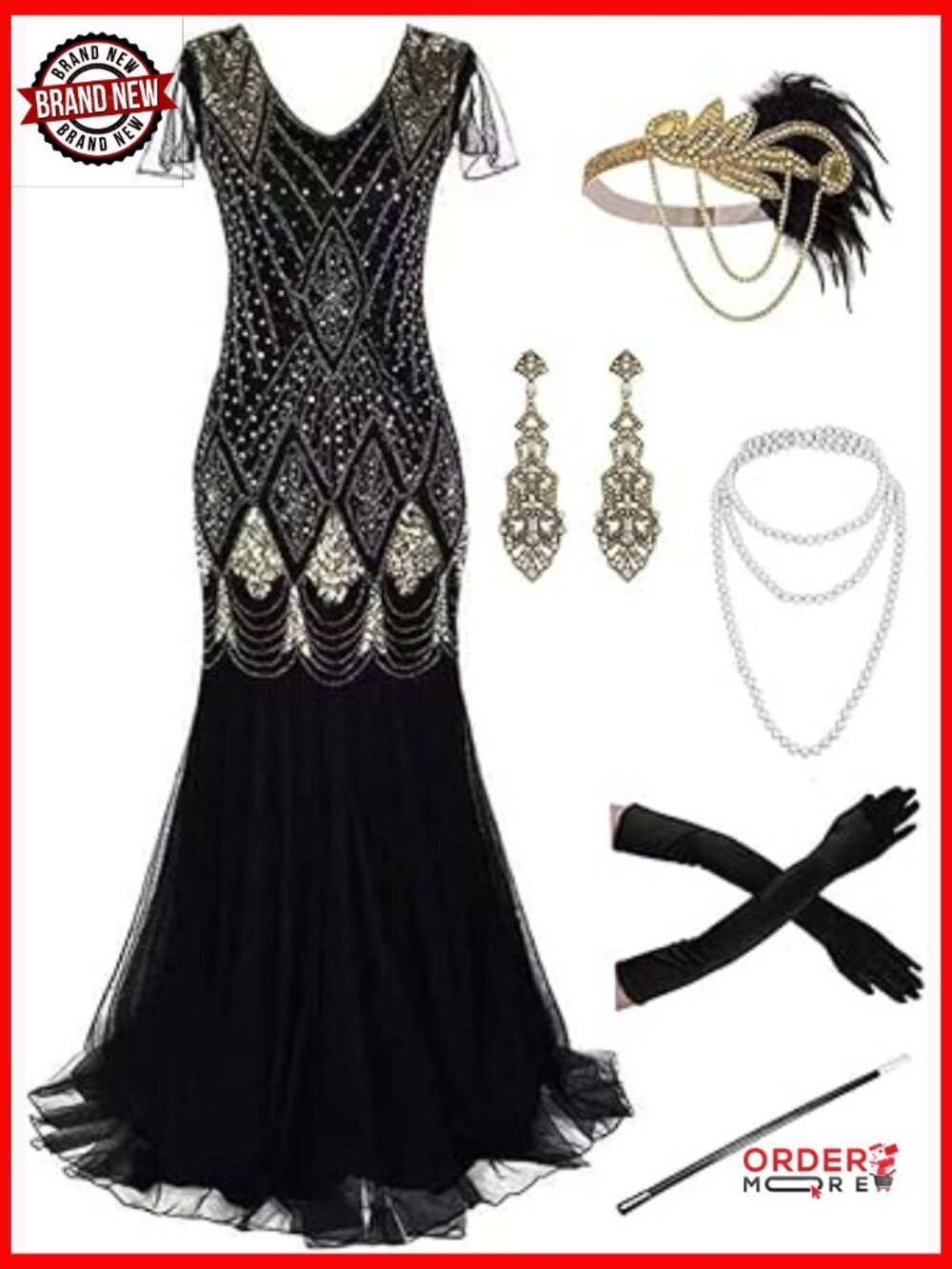 Plus Size Sequin Fringed Flapper Cocktail Dress with Accessories